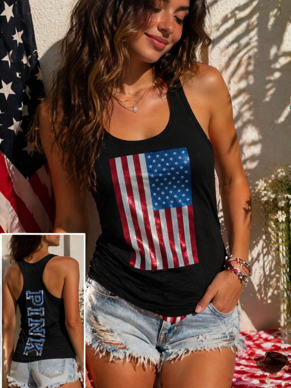 Victoria’s Secret PINK Black Flag Tank Top – Size Small 🇺🇸